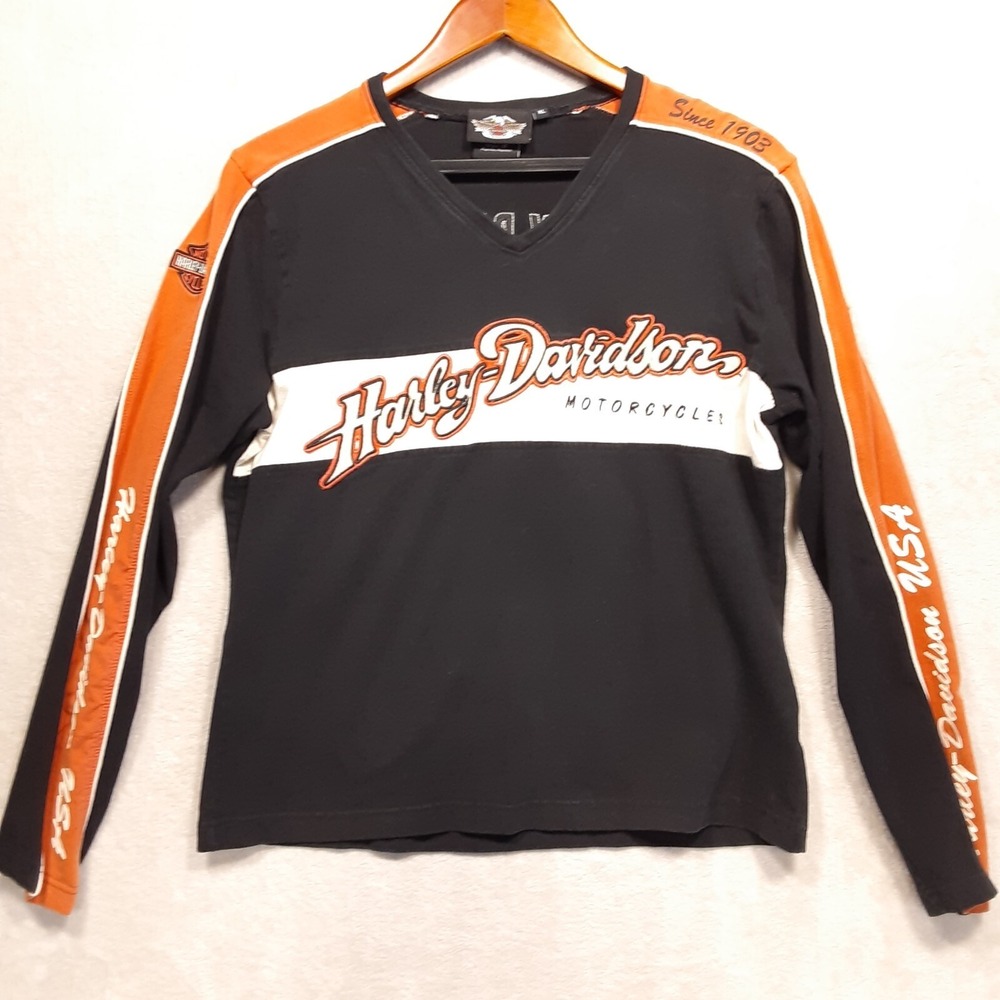 Harley Davidson Womans LS V-Neck Shirt XL/Black/Embossed-Embroidered Print/2006